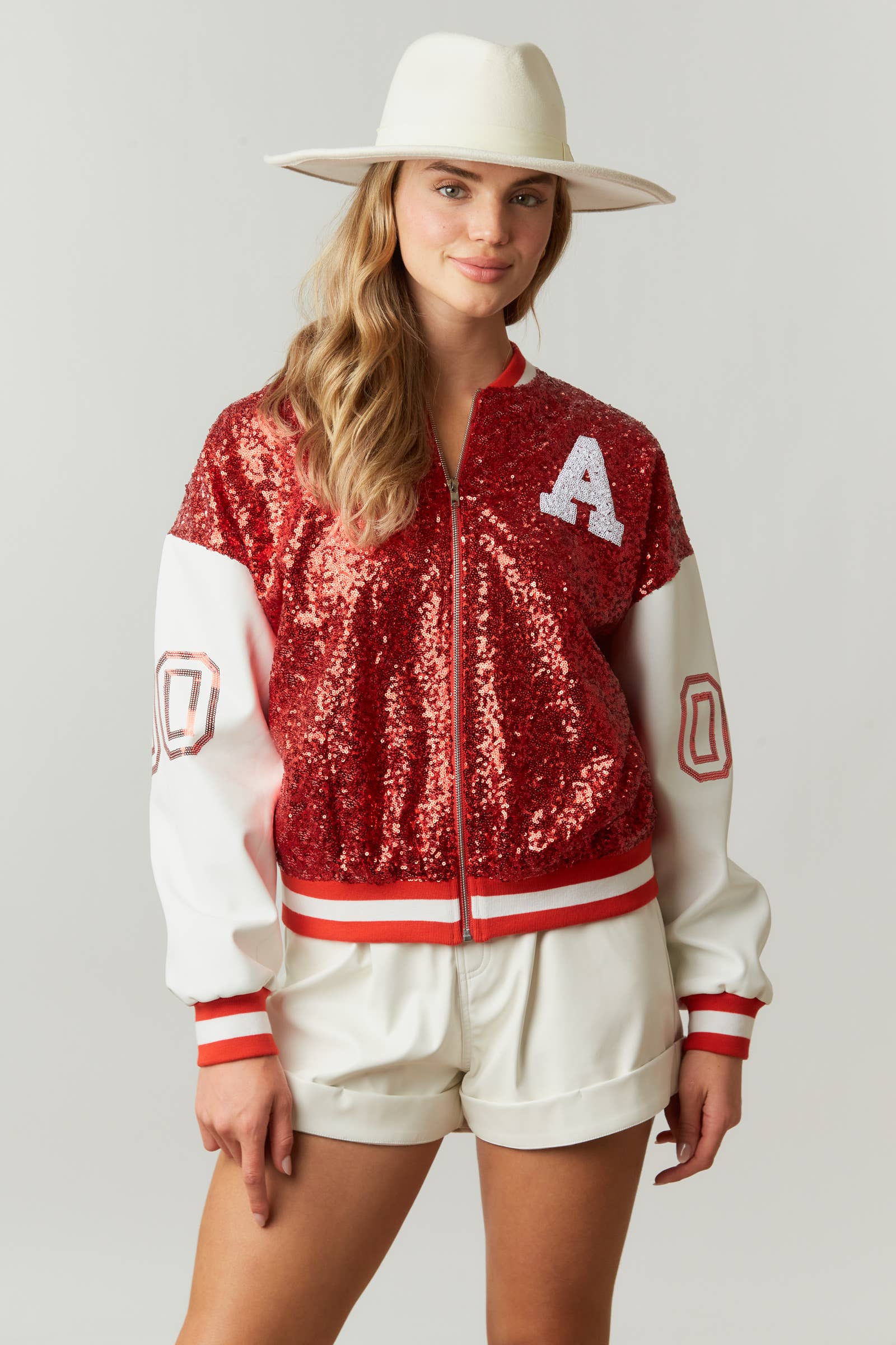 Sequin Baseball Jacket - IFJ63421-01: RED/WHITE / S - Pretty Crafty Lady Shop