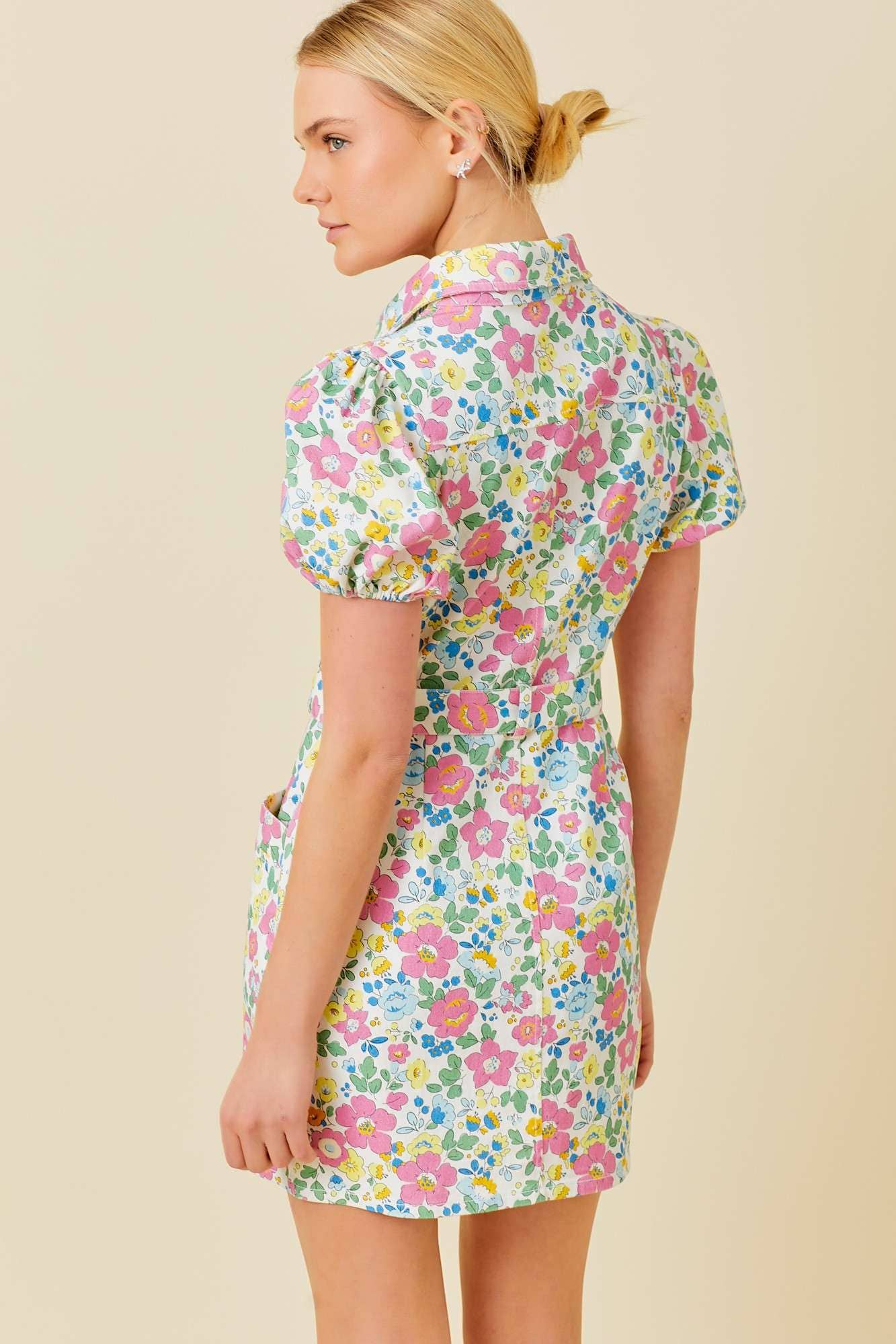 Floral printed Short Sleeve Denim Dress
