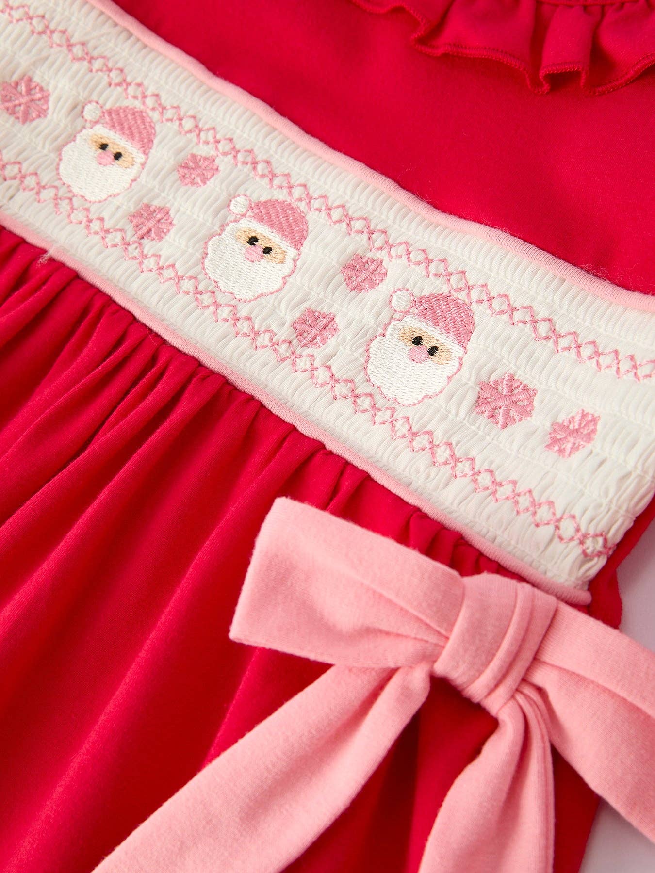 Christmas Smocked Embroidery Girls Dress with Pink Ribbon Ties