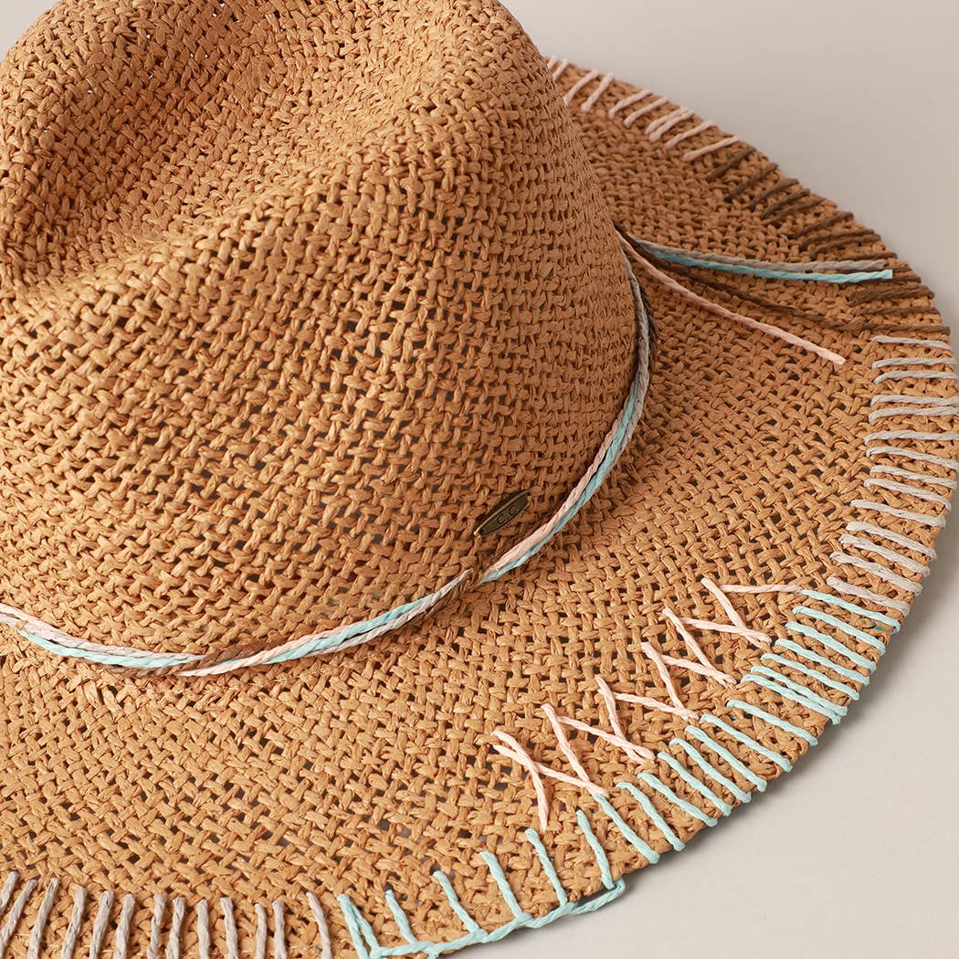 Multi-Colored Stitched Brim Panama Hat