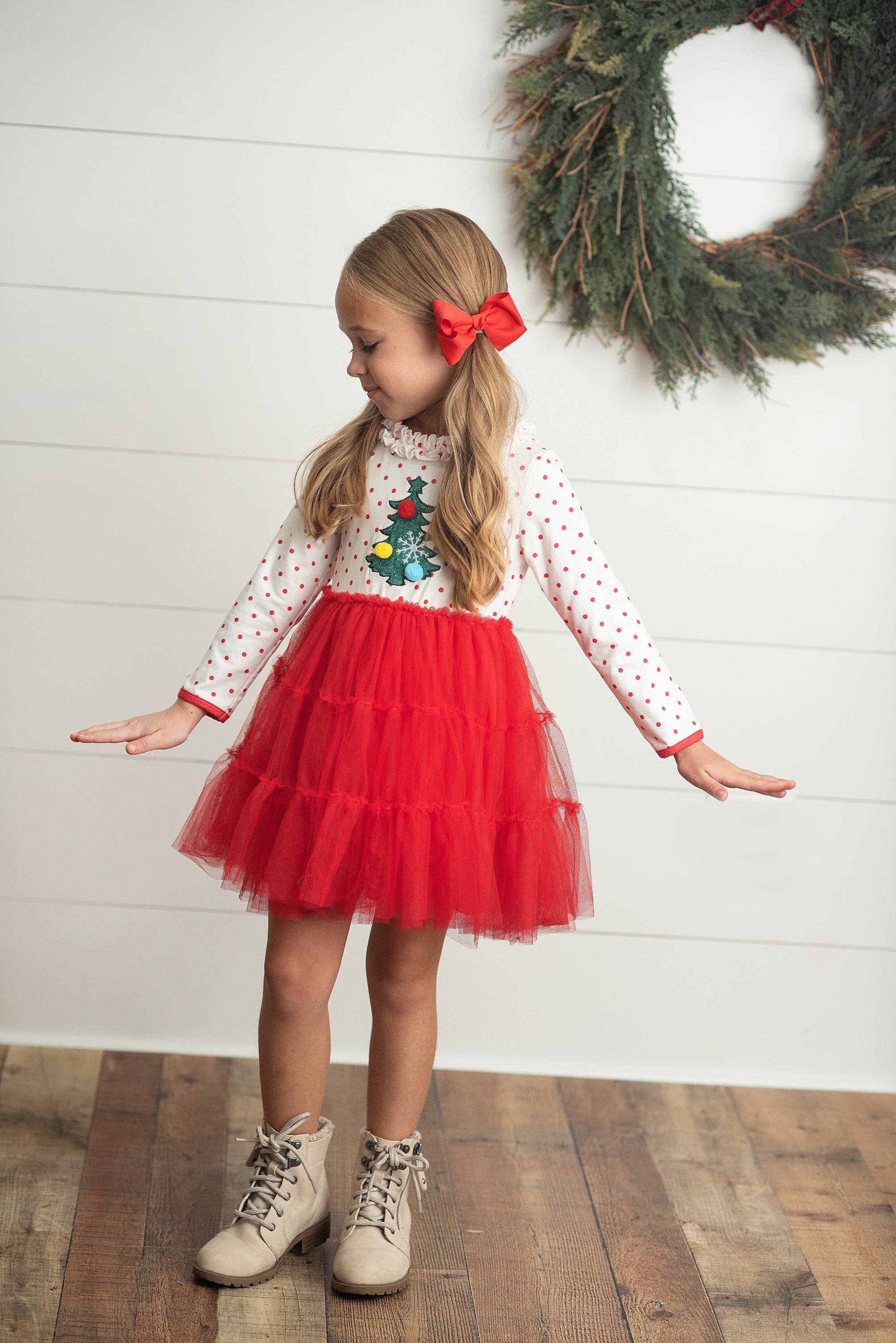 Red & White Dot Pom Pom Christmas Tree Tulle Dress 5/6 Red & White Dot Pom Pom Christmas Tree Tulle Dress 5/6