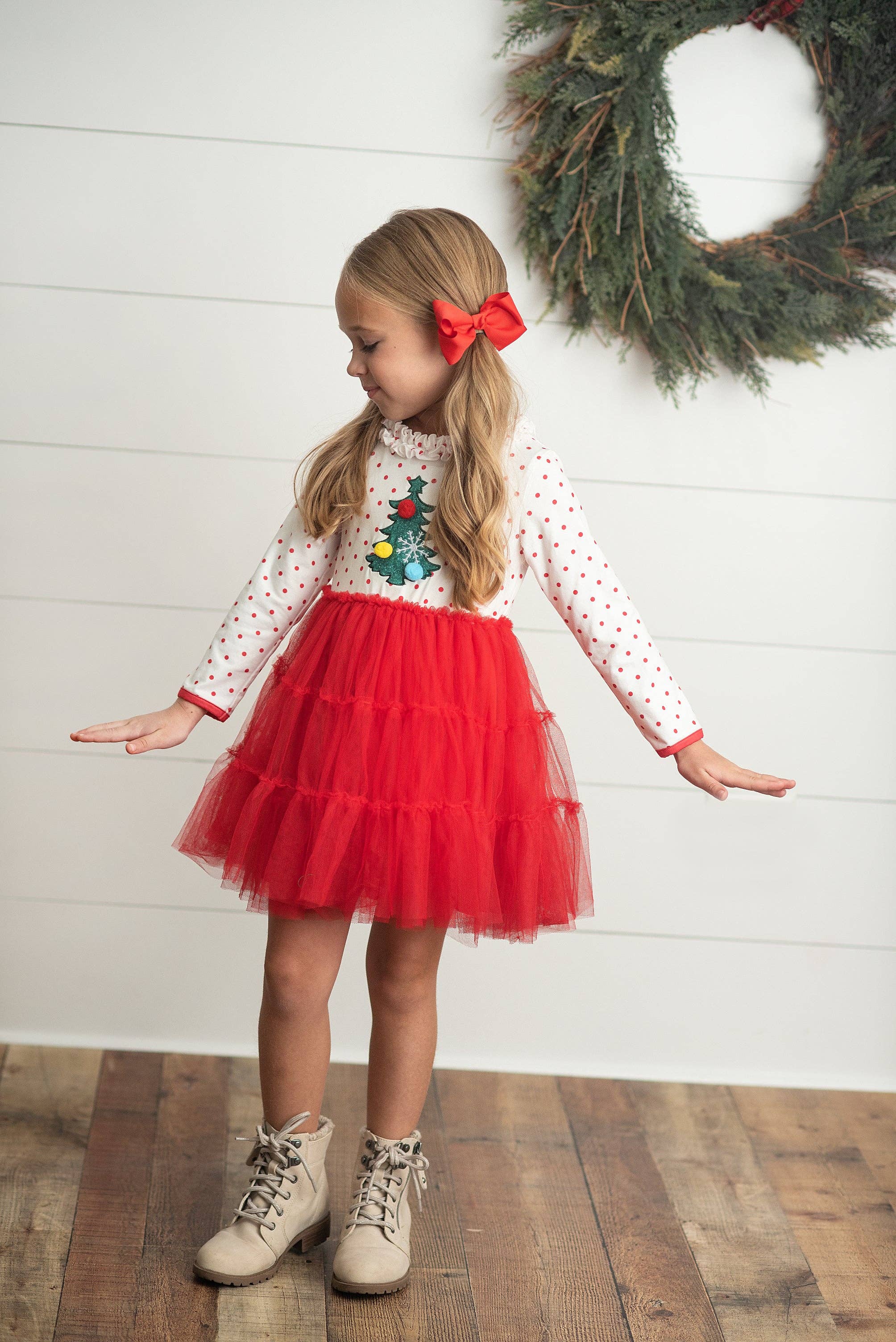 Red & White Dot Pom Pom Christmas Tree Tulle Dress