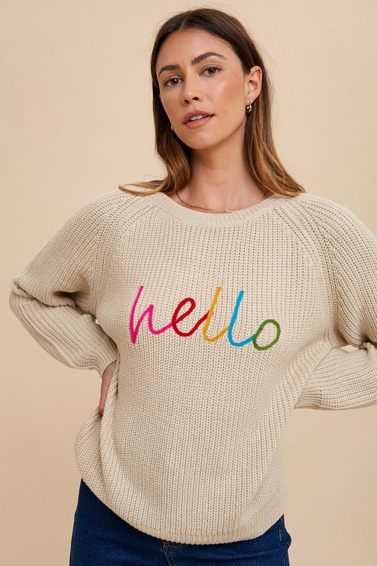 HELLO Embroidered Raglan Sleeve Sweater - Oatmeal