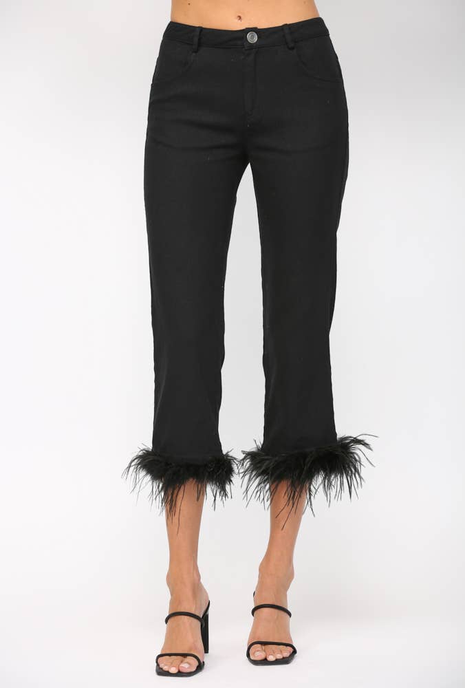 DETACHABLE FEATHER TRIM HEM JEANS