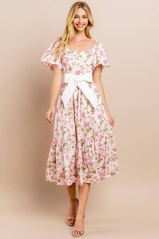 Bow Floral Flutter Sleeves Dress