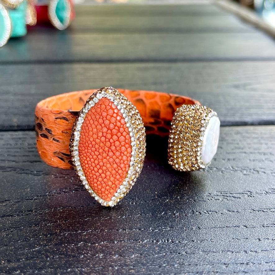 Orange Snake Embossed Leather Cuff with Stingray Leather & Pearl Accents - Bexa Boutique