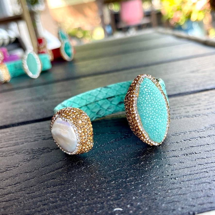 Turquoise Snake Embossed Leather Cuff with Stingray Leather & Pearl Accents - Bexa Boutique