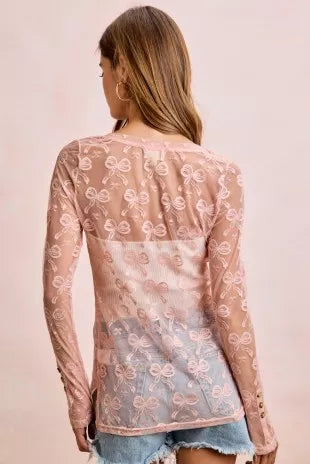 BiBi Bow Pattern Shrried V-neck Mesh Cardigan Top - DUSTY ROSE - Bexa Boutique