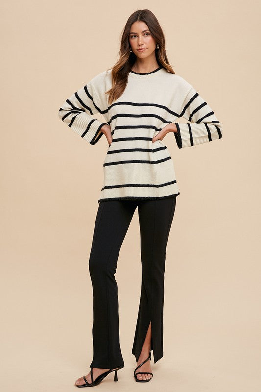 Ivory Striped Round Neck Sweater