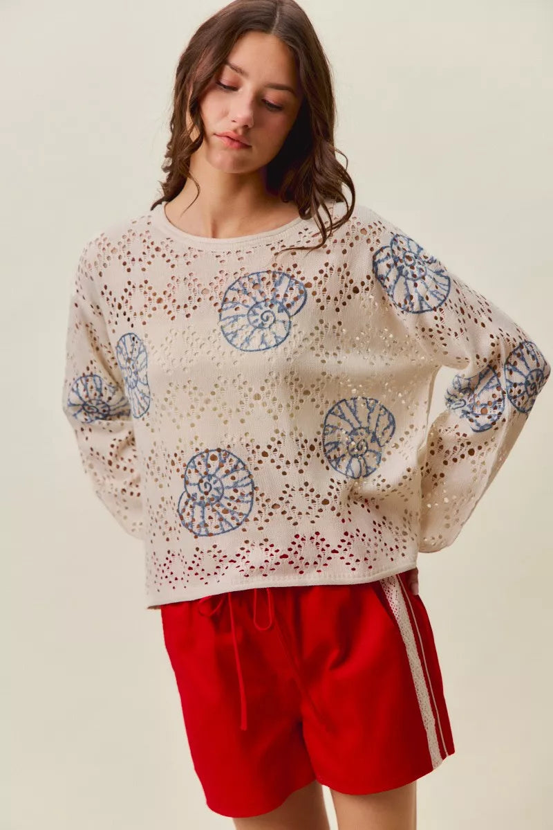 SO ME Seashell Lightweight Sweater Top - Cream/Blue - Bexa Boutique