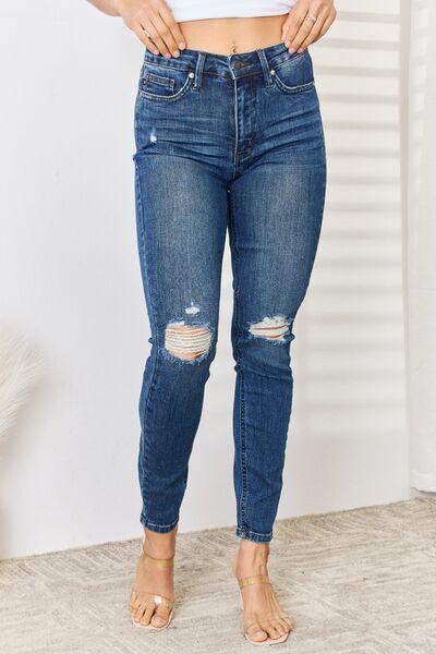 Judy Blue Full Size High Waist Distressed Slim Jeans - Dark - Bexa Boutique