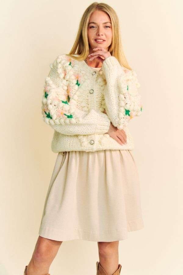 Cream Floral Cardigan Sweater