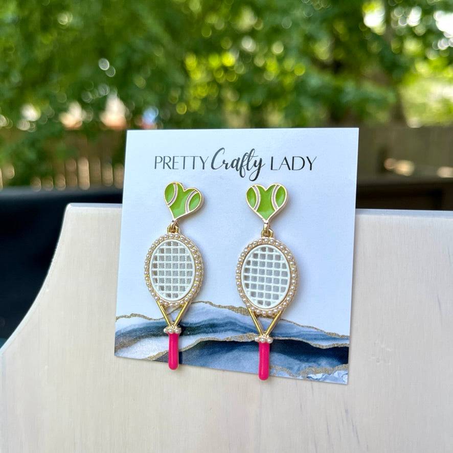 Tennis Racquet Beaded Earrings w/Green Heart Ball Studs - Pretty Crafty Lady Shop