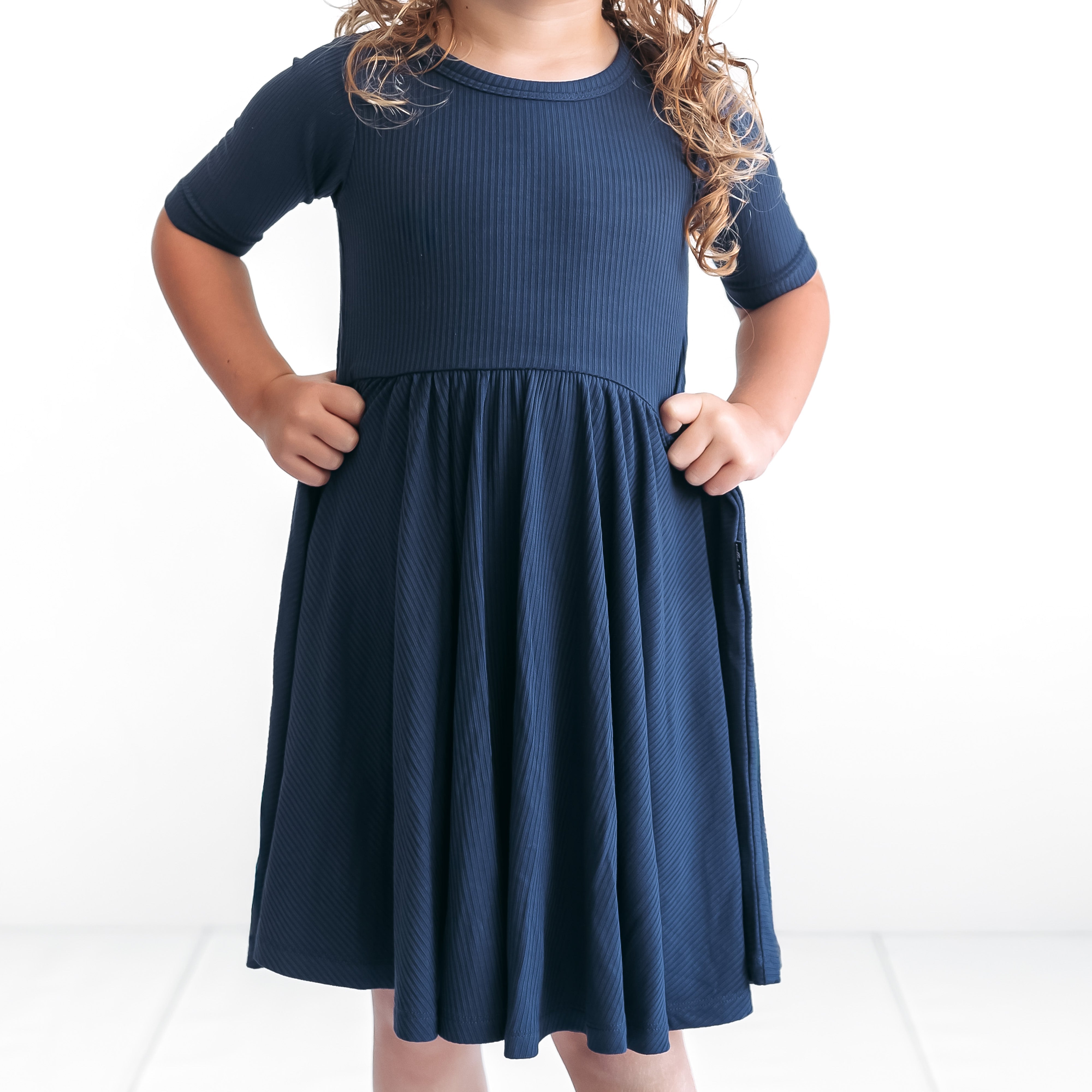 MID SLEEVE TWIRL DRESS- Navy Ribbed