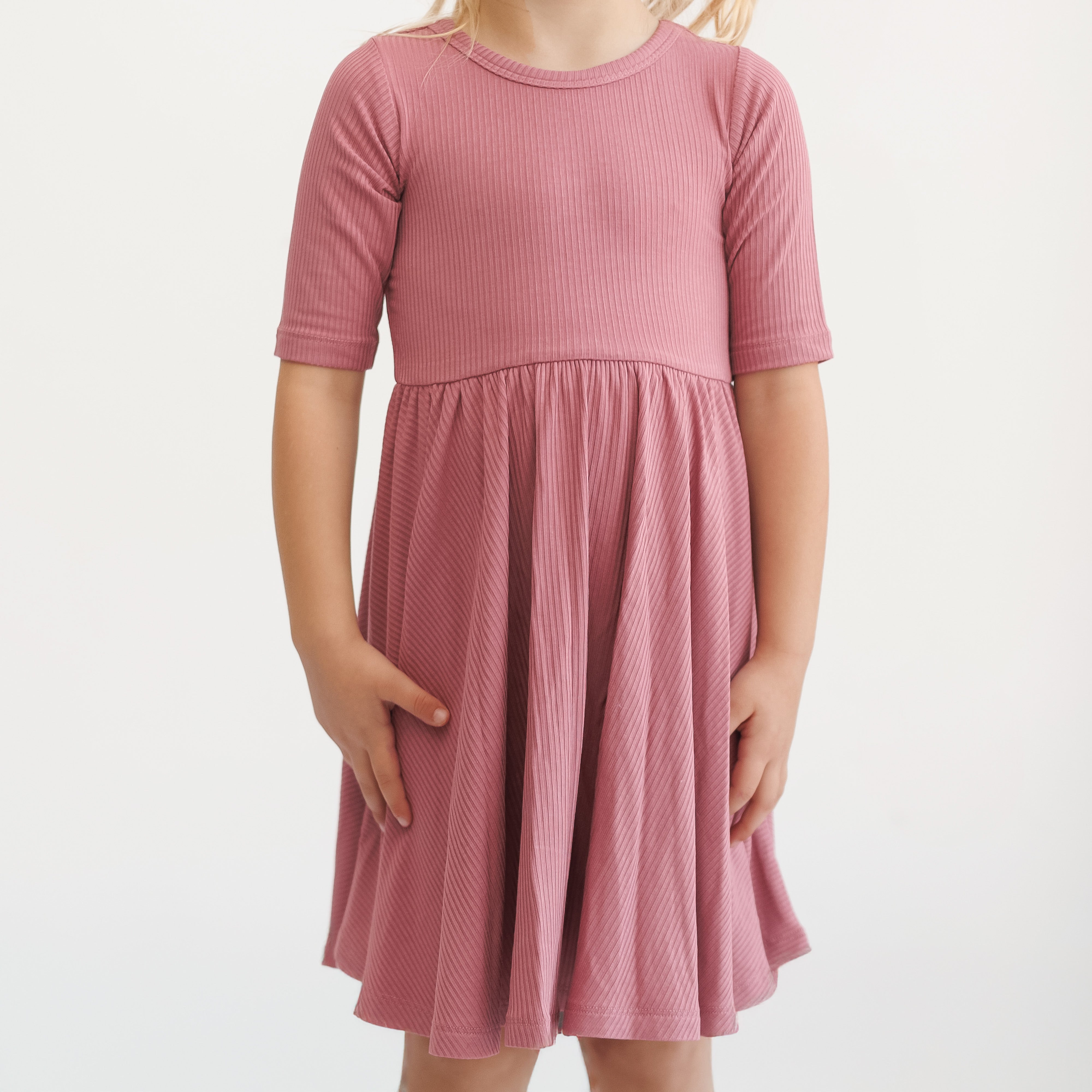 MID SLEEVE TWIRL DRESS- Mauve Ribbed