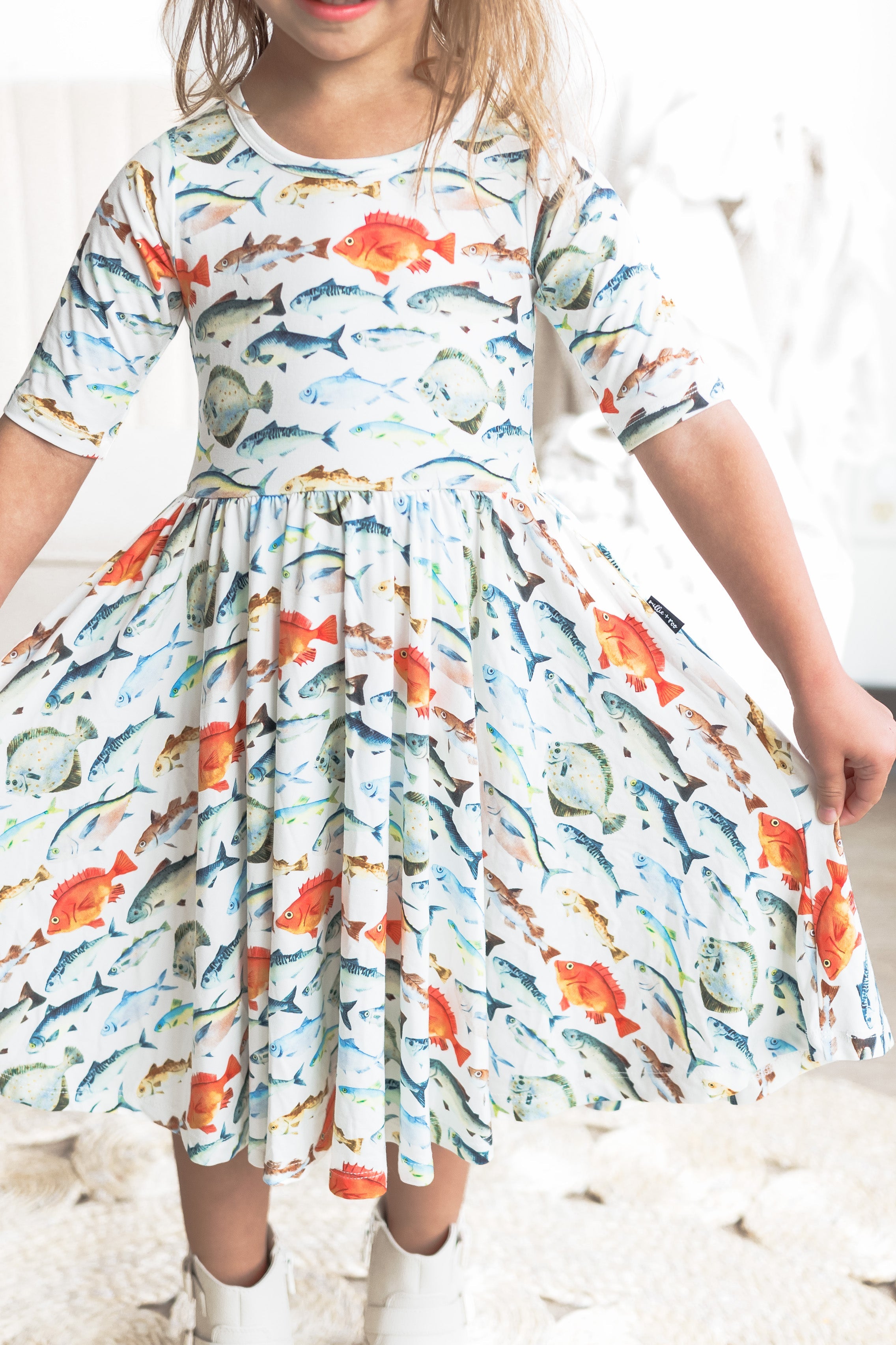 MID SLEEVE TWIRL DRESS- Fishy