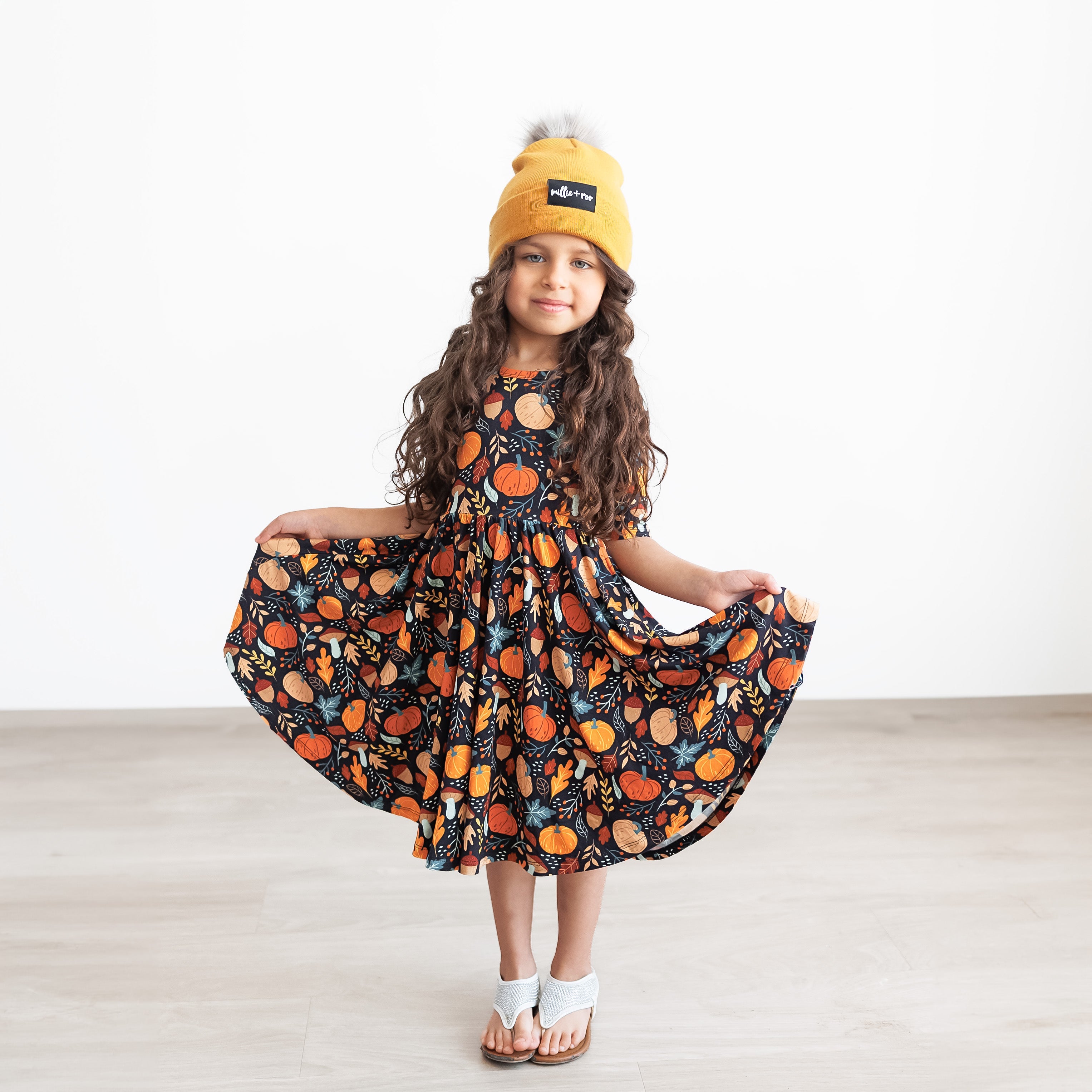 MID SLEEVE TWIRL DRESS- Pumpkin Leaves