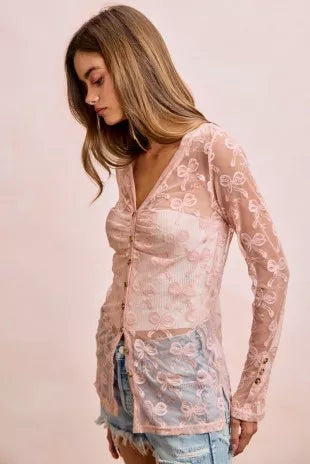BiBi Bow Pattern Shrried V-neck Mesh Cardigan Top - DUSTY ROSE - Bexa Boutique