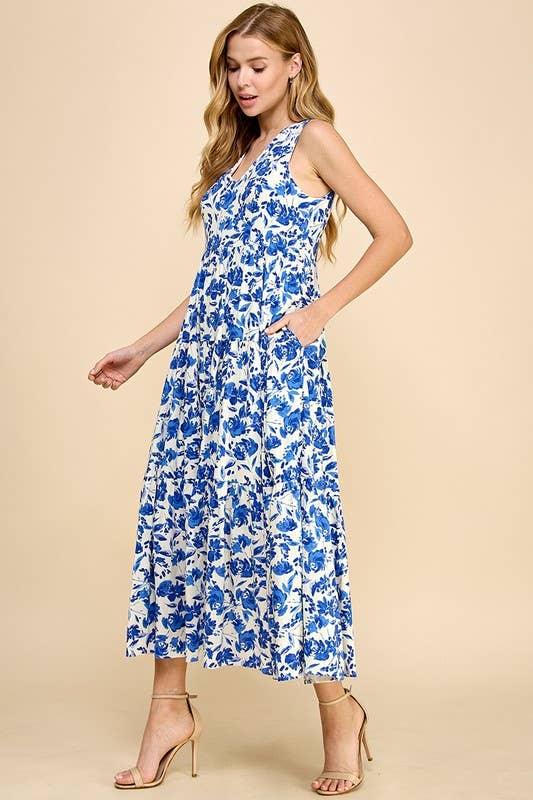 Blue & White Floral Midi Dress