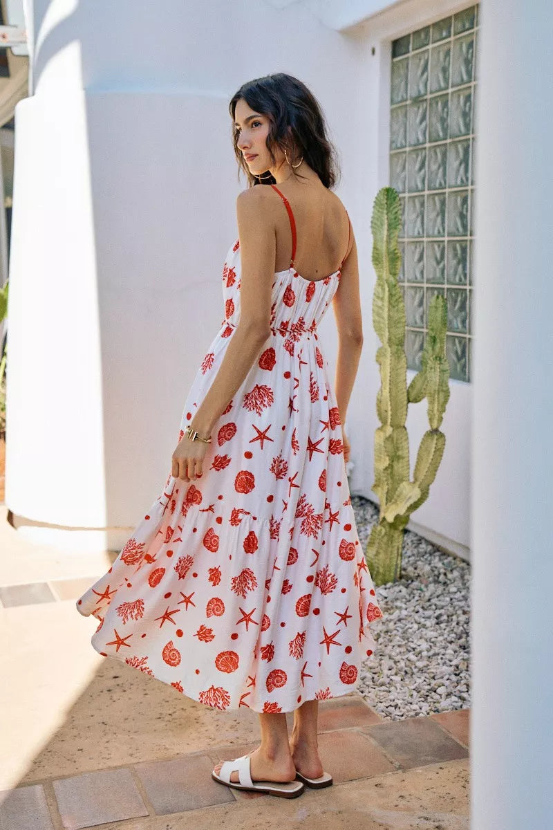 SO ME Shell Print Tiered Lined Midi Cami Dress With Belt - Red - Bexa Boutique