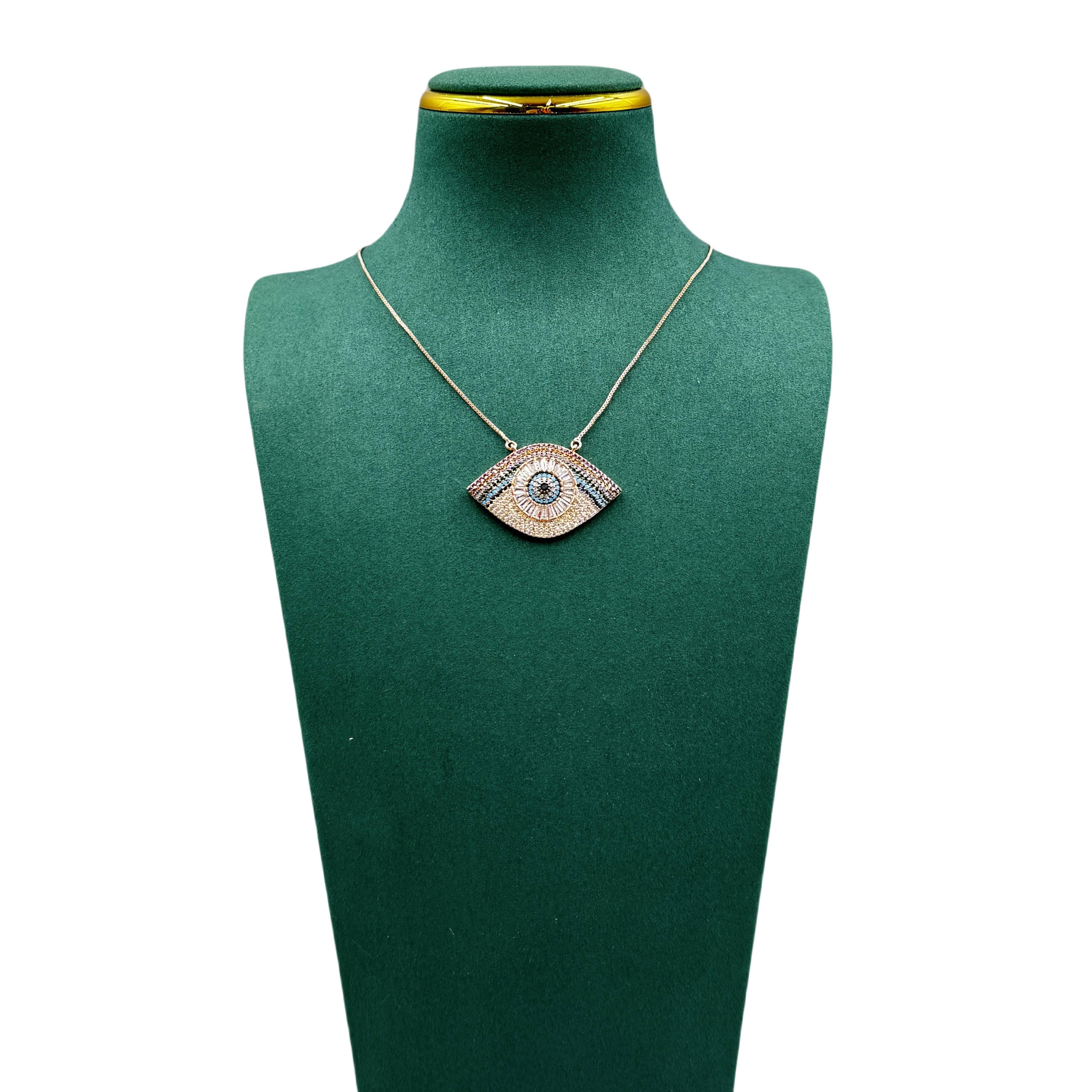 Evil Eye Cubic Zirconia Necklace Teal & Gold