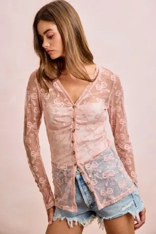 BiBi Bow Pattern Shrried V-neck Mesh Cardigan Top - DUSTY ROSE - Bexa Boutique