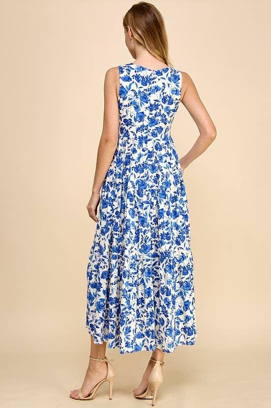 Blue & White Floral Midi Dress