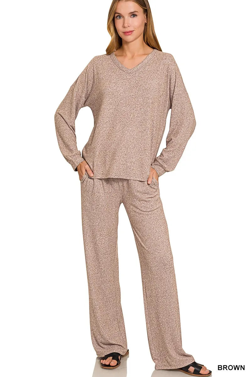 Zenana Soft Melange Long Sleeve Tee & Pants Set - BROWN - Bexa Boutique