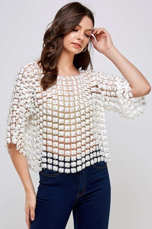 Pearl Beaded Lace Overlay Top