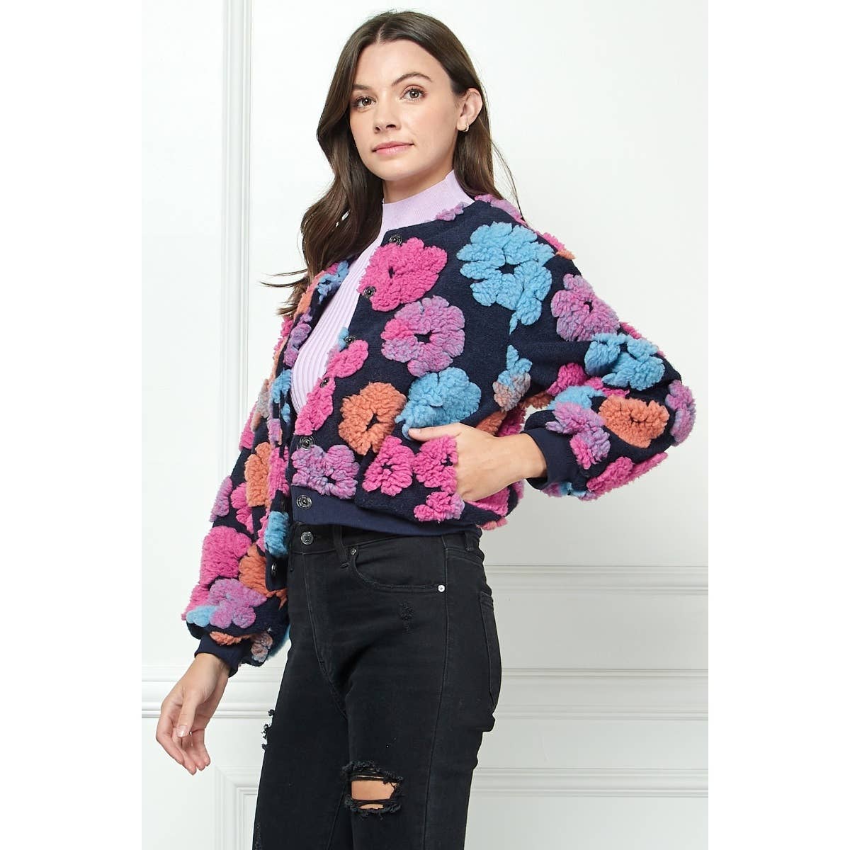 Felted Flower Puff Sleeve Button Jacket