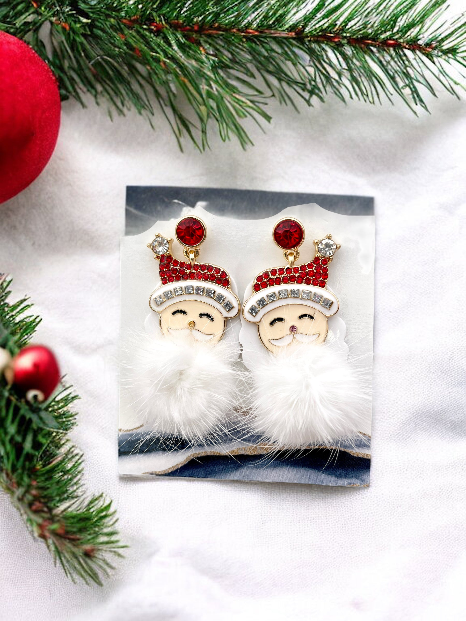 Santa Claus Pom Pom Holly Jolly Rhinestone Fringe Christmas Earrings - Bexa Boutique