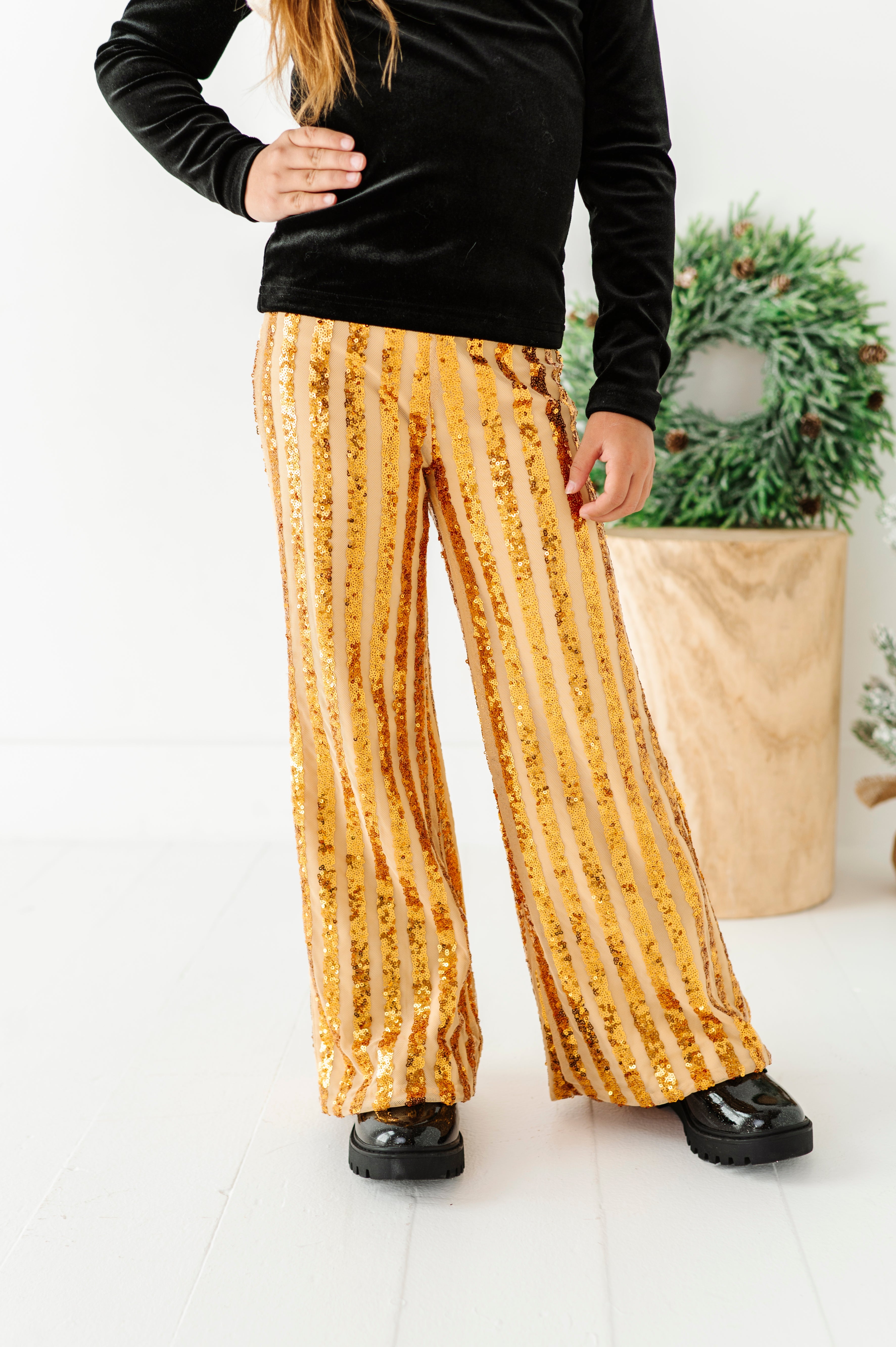 Gold Sequin Stripe Pants | Wide-Leg Pants