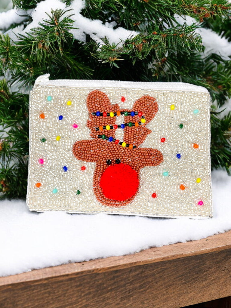 Beaded Reindeer Coin Pouch with Pom Pom Nose - Bexa Boutique