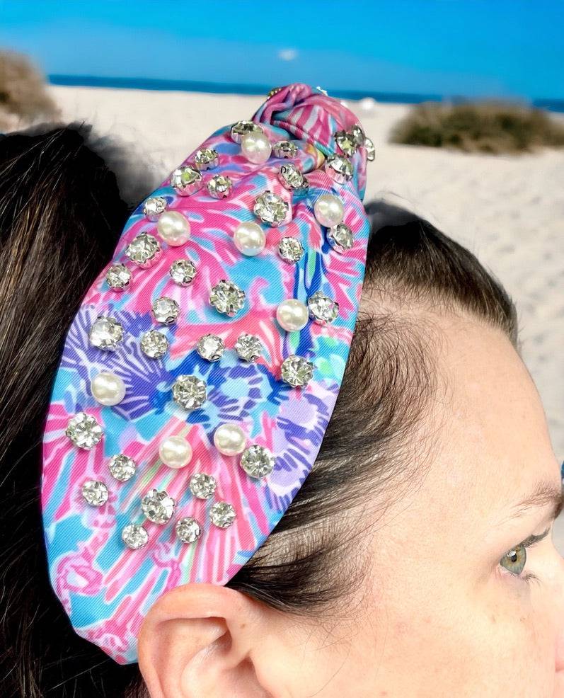 Palm Beach Coral Crush Love Pearl & Rhinestone Knotted Headband - Bexa Boutique