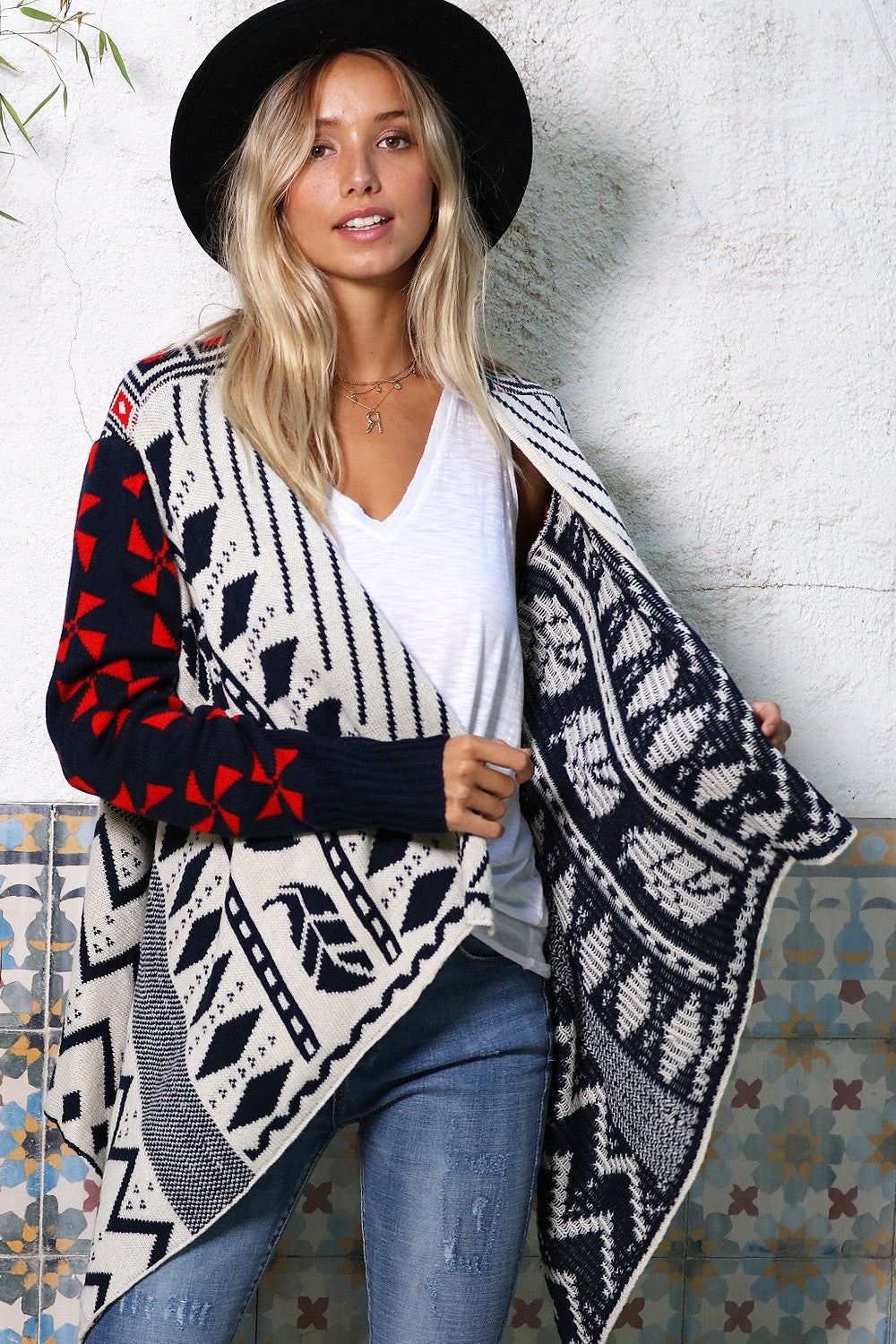 Navy & Red Nordic Pattern Cardigan Sweater