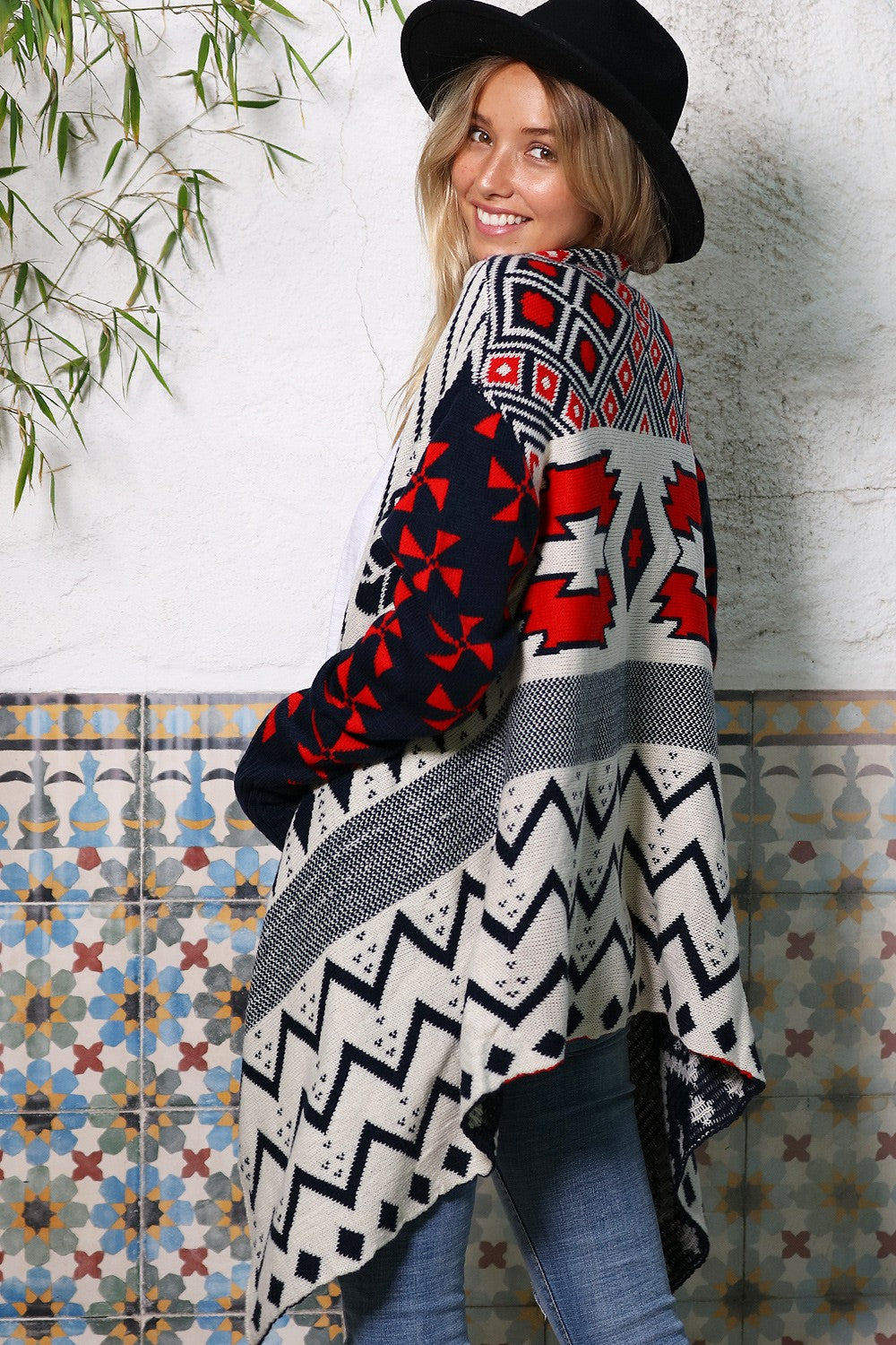 Navy & Red Nordic Pattern Cardigan Sweater