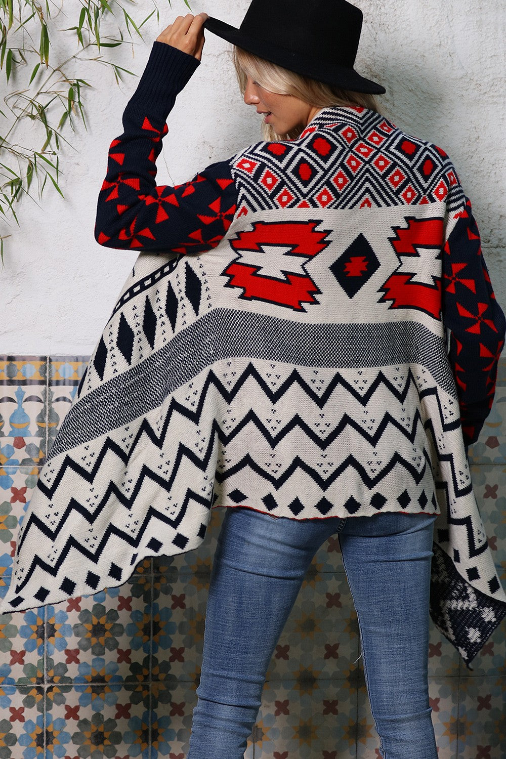 Navy & Red Nordic Pattern Cardigan Sweater