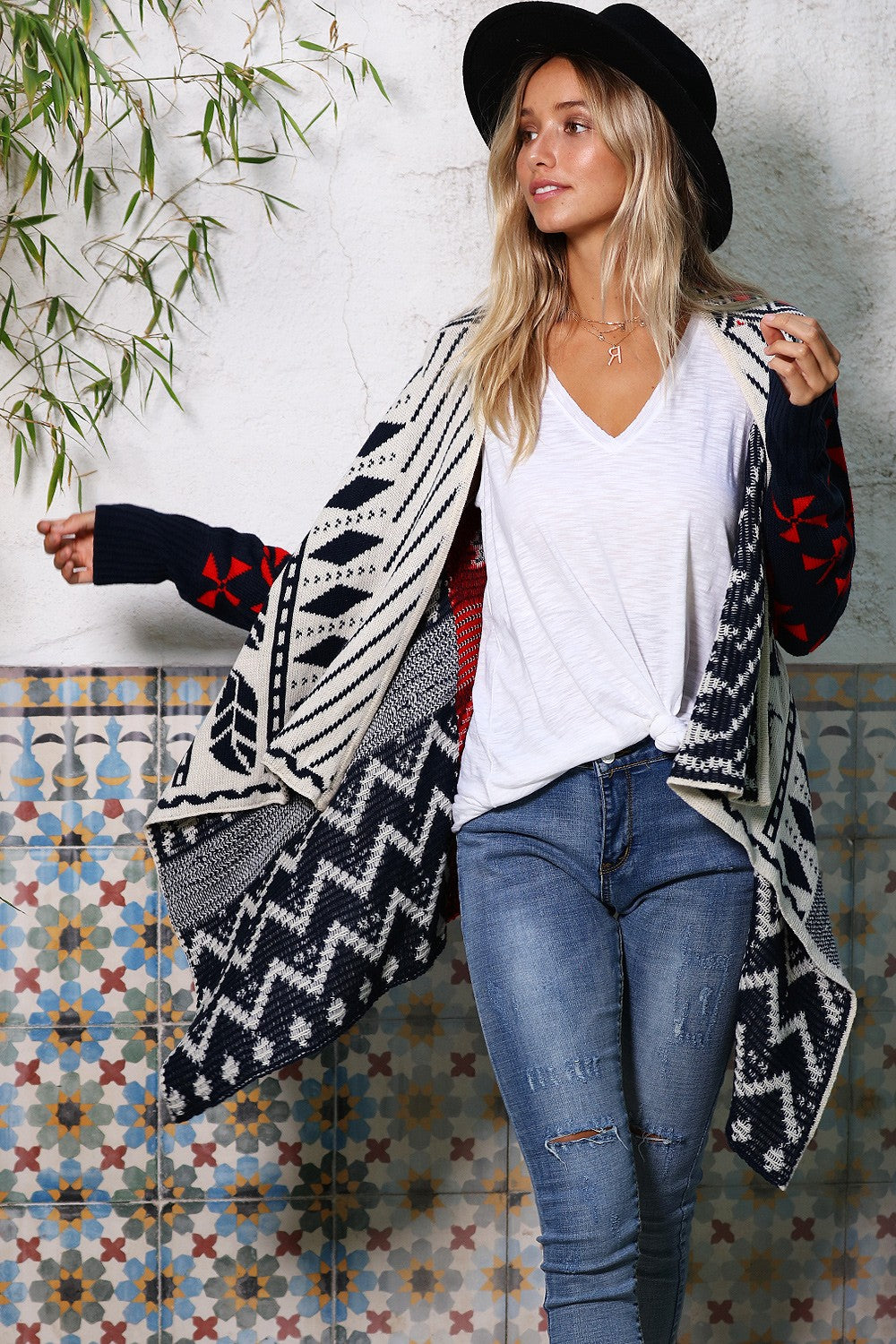 Navy & Red Nordic Pattern Cardigan Sweater