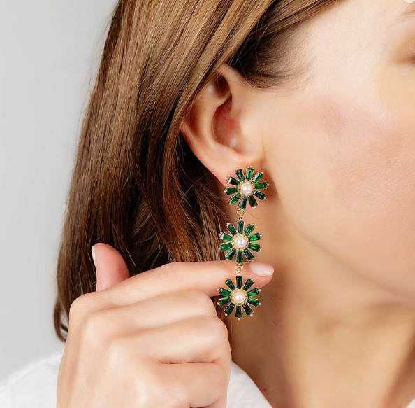 Amelia Pearl and Rhinestone Linked Drop Earrings in Emerald - Pretty Crafty Lady Shop