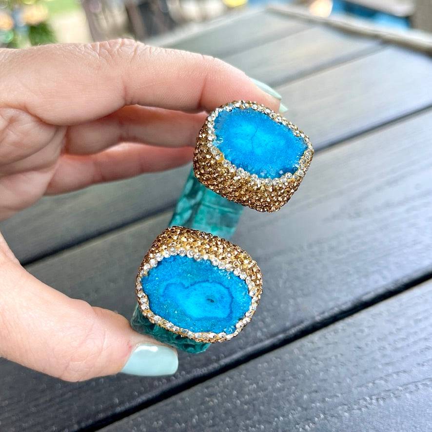 Blue Dyed Raw Crystal Open Cuff Bracelet with Blue Embossed Leather - Bexa Boutique