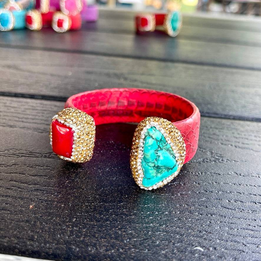 Red Coral Open Cuff Leather Bracelet with Rhinestone Embellishment - Bexa Boutique