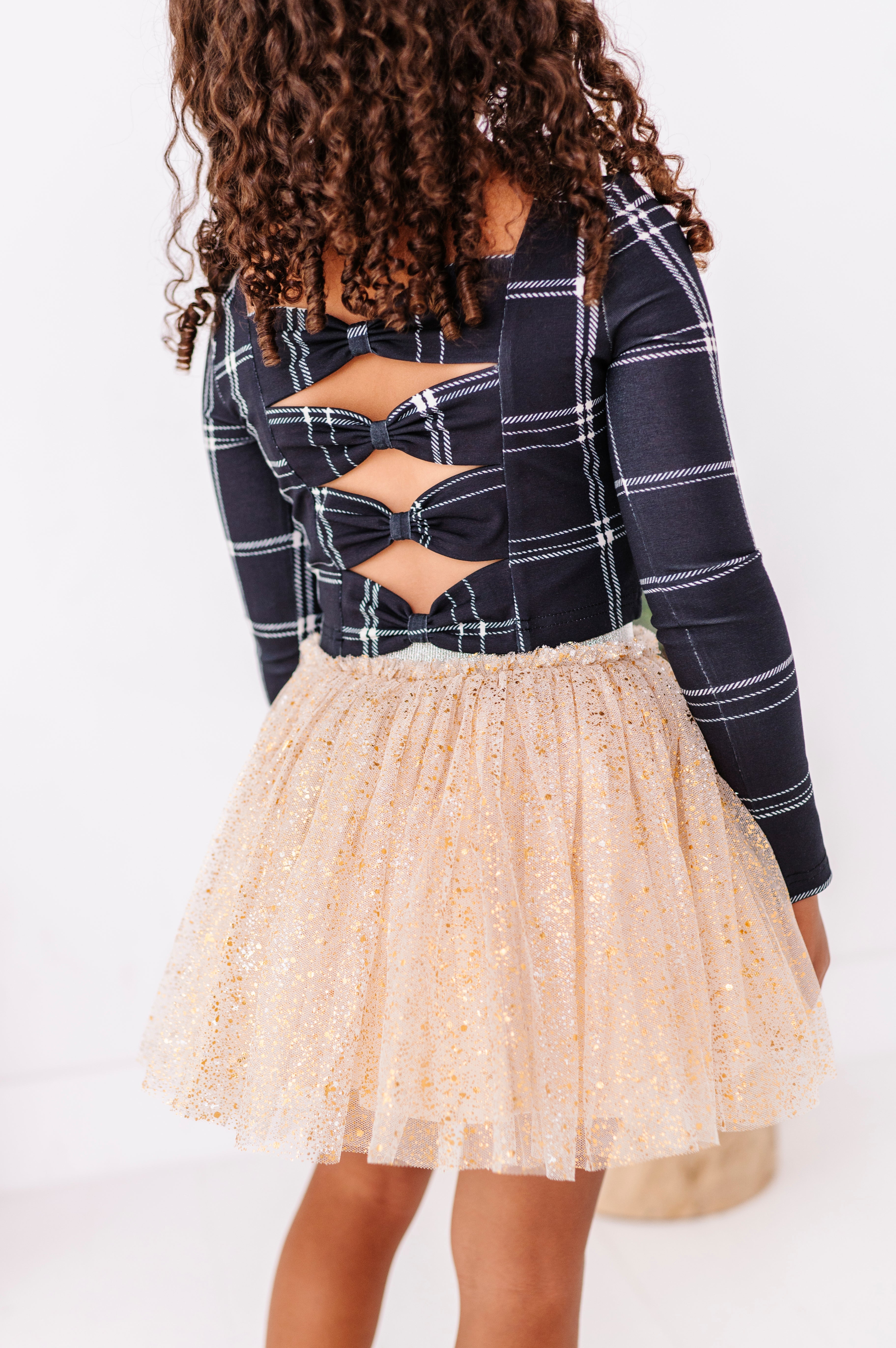 Black Plaid Top | CROPPED Bow Back Long Sleeve Top