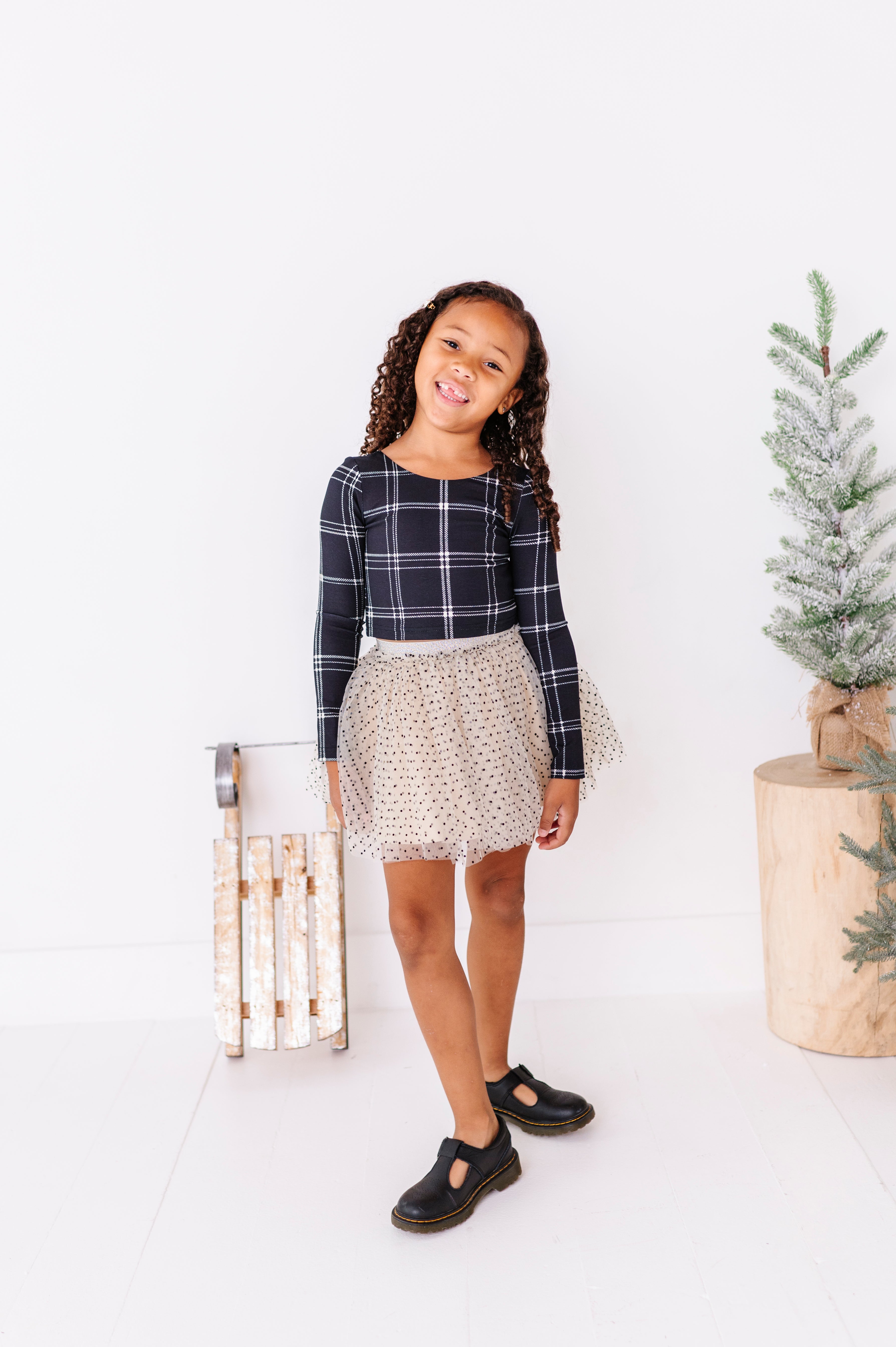 Black Plaid Top | CROPPED Bow Back Long Sleeve Top