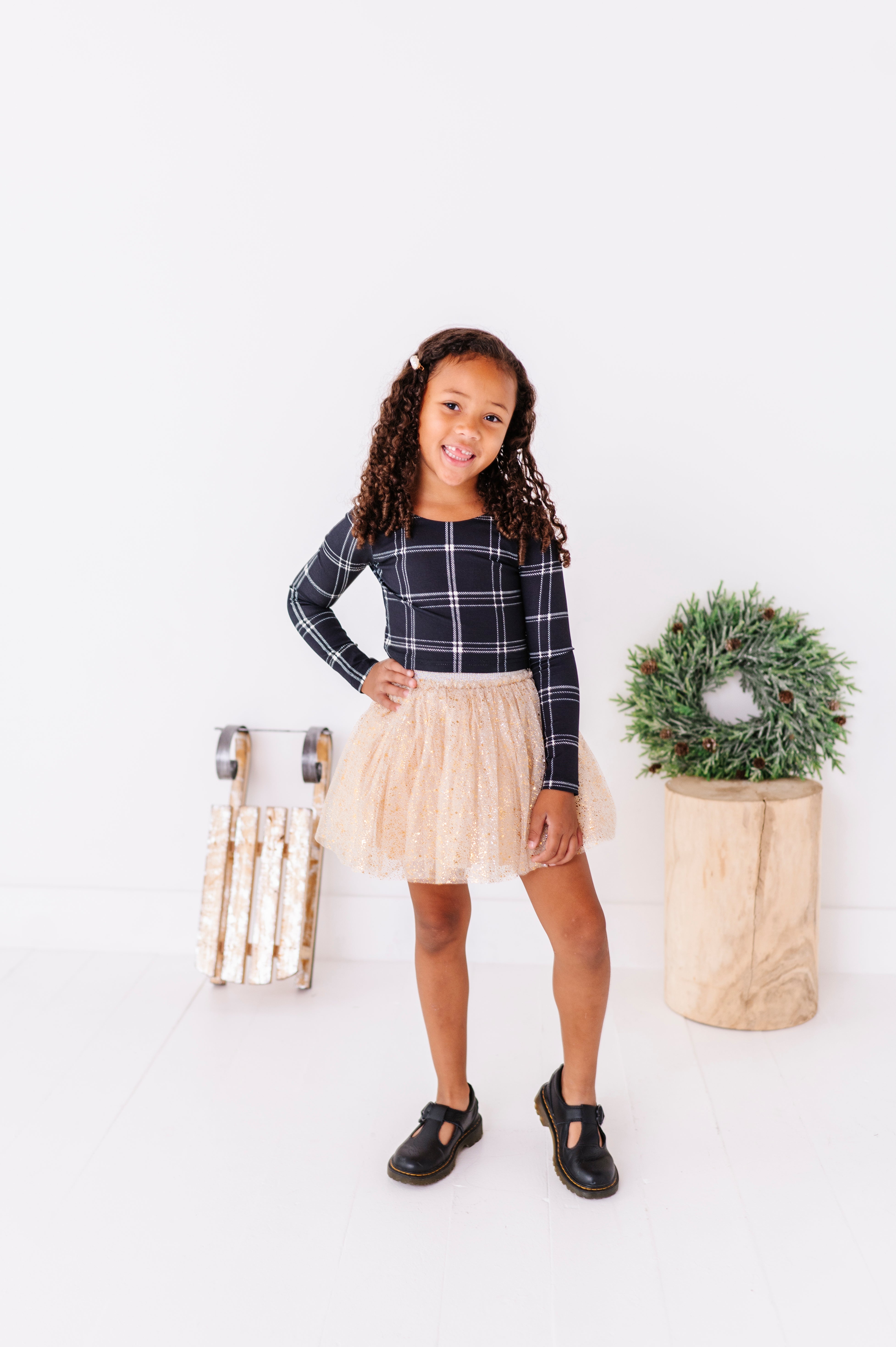 Black Plaid Top | CROPPED Bow Back Long Sleeve Top