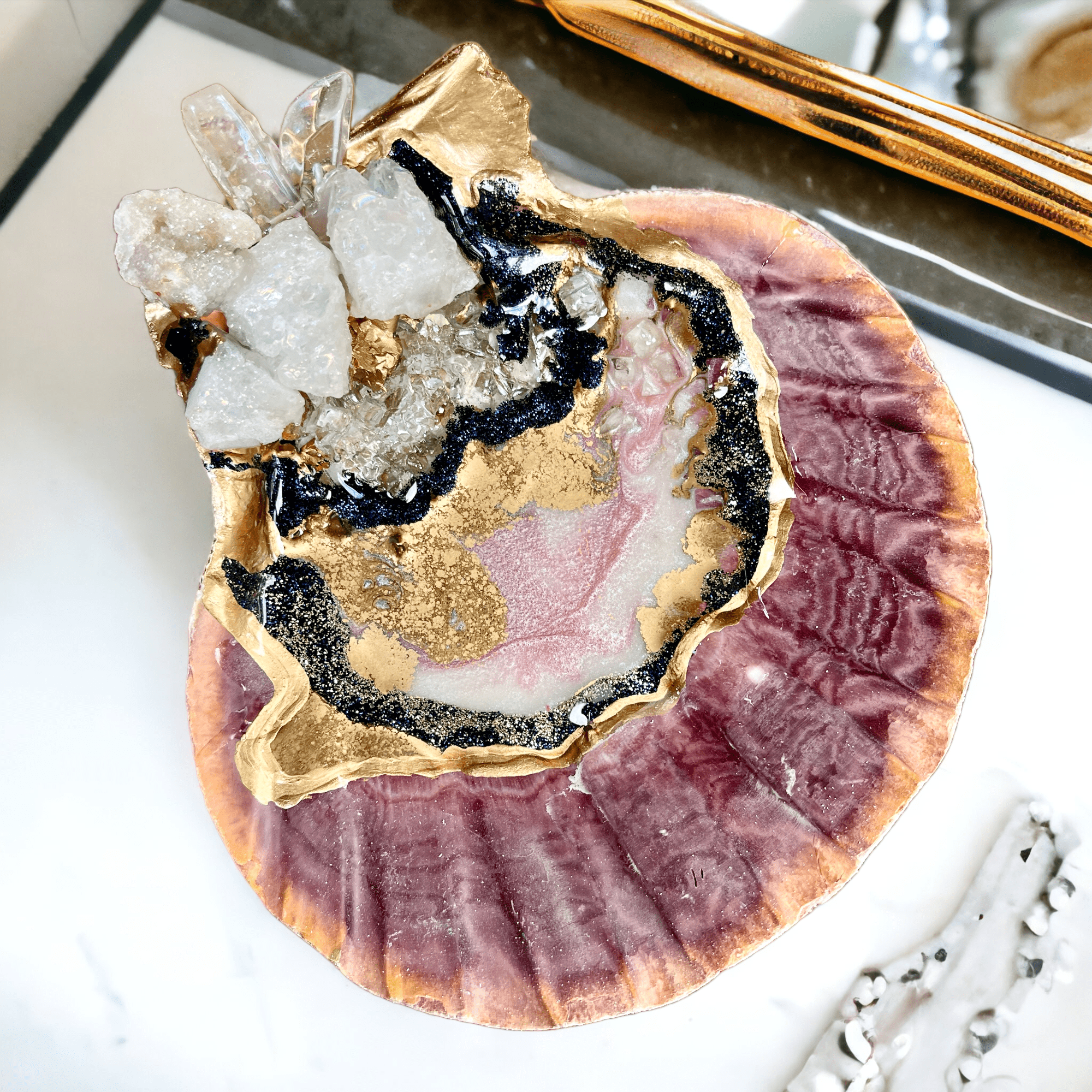 XL Lion's Paw Geode Resin Ring Dish - White Druzy, Clear Quartz & Pink - Pretty Crafty Lady Shop