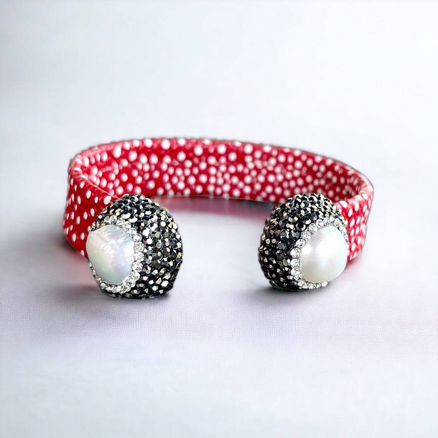 Red Stingray Open Cuff Bracelet with Pearls and Rhinestones - Bexa Boutique