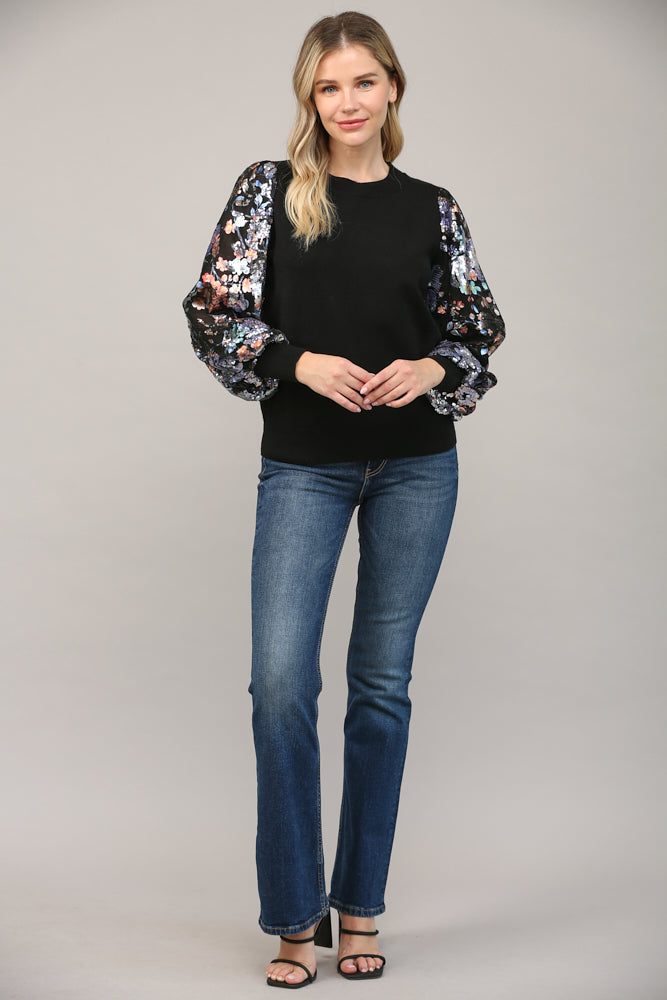 Floral Mesh Sleeve Sweater