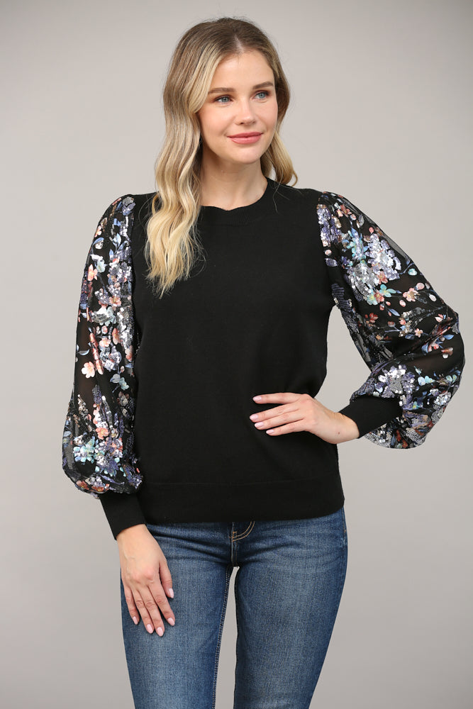 Floral Mesh Sleeve Sweater