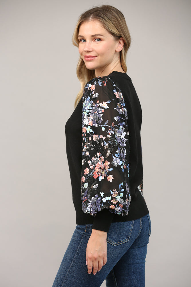 Floral Mesh Sleeve Sweater