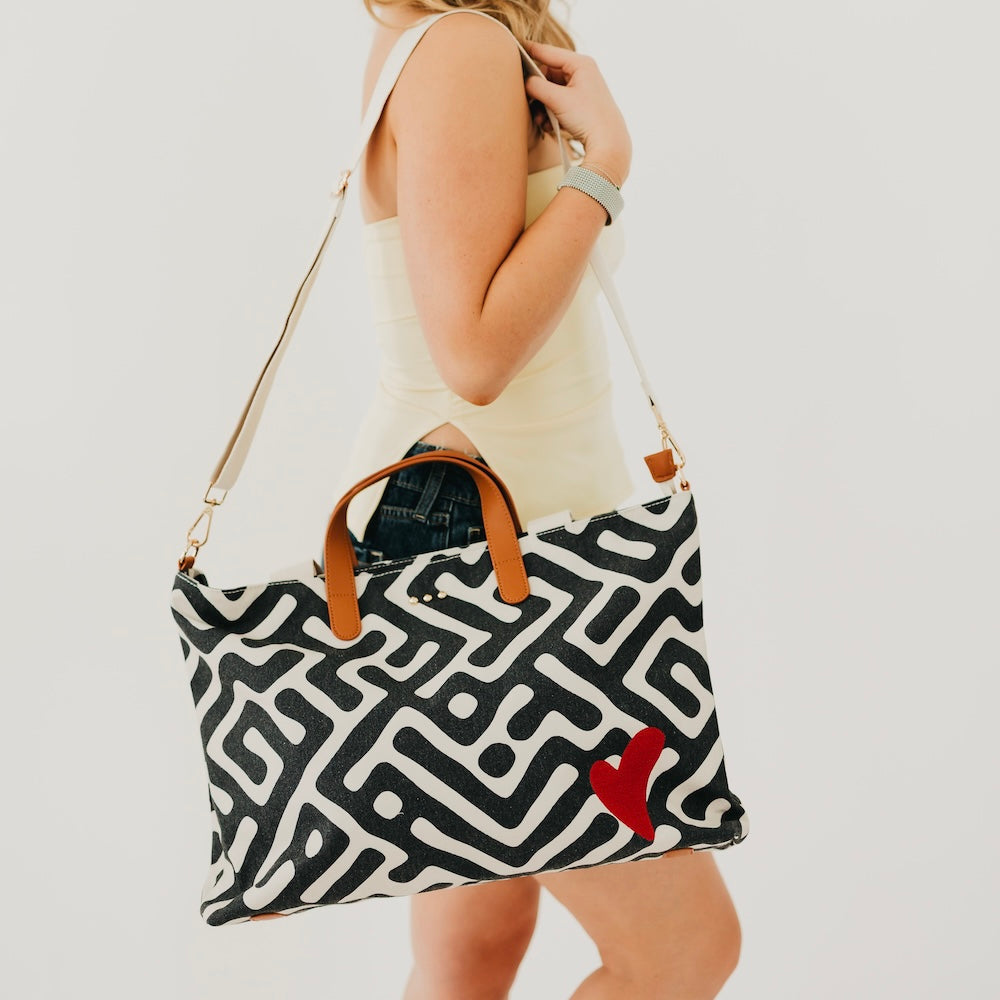 Chelsie Canvas Printed Tote - Black/White Geometric - Bexa Boutique